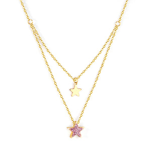 1 glossy star + 1 pink diamond star pendant + double chain 40+15+5cm