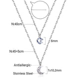 Moon pendant with diamonds double chain 45+40+5cm steel color