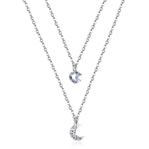 Moon pendant with diamonds double chain 45+40+5cm steel color