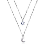 Moon pendant with diamonds double chain 45+40+5cm steel color