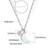 Star with Diamonds + Moon with White Shell Pendant Necklace 45+5cm Steel Color