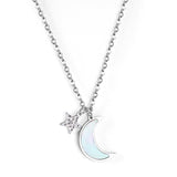 Star with Diamonds + Moon with White Shell Pendant Necklace 45+5cm Steel Color