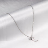 Star with Diamonds + Moon with White Shell Pendant Necklace 45+5cm Steel Color