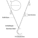 3 stars + moon pendant necklace with diamonds 40+5cm steel color