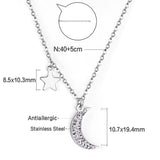 Star + Moon Pendant Necklace with Diamonds 40+5cm Steel Color