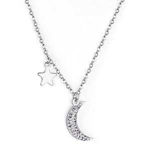 Star + Moon Pendant Necklace with Diamonds 40+5cm Steel Color