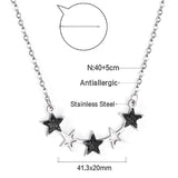 5 Stars with Black Diamonds Pendant Necklace 40+5cm Steel Color