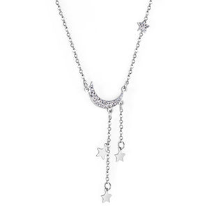 1 star with diamonds + 1 moon with diamonds + 3 stars accessories necklace 40+5cm steel color