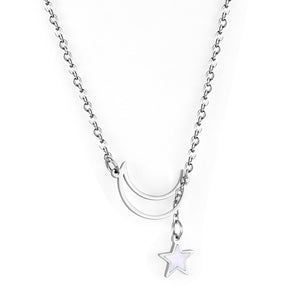 Star with white shell + moon pendant necklace 50+5cm steel color