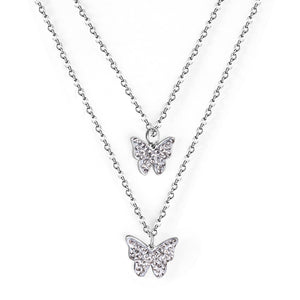 Butterfly pendant necklace with diamonds 48+40+5cm steel color