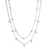 9 oval steel beads + 7 white diamonds pendant double chain 38+35+5cm steel color