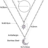 Moon + 8-pointed star with diamonds pendant double chain 40+35+5cm steel color