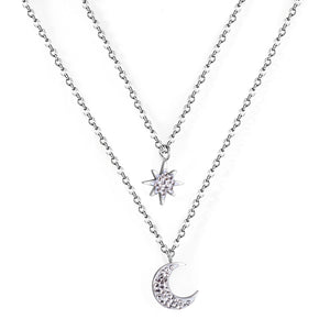 Moon + 8-pointed star with diamonds pendant double chain 40+35+5cm steel color