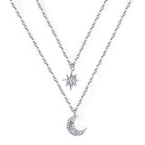 Moon + 8-pointed star with diamonds pendant double chain 40+35+5cm steel color