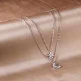 Moon + 8-pointed star with diamonds pendant double chain 40+35+5cm steel color