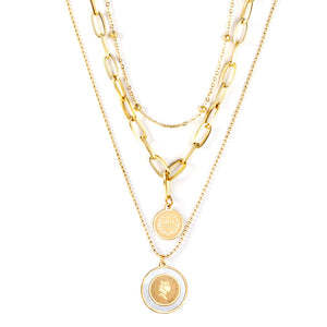 Steel beads + round fittings + round fittings with white shells pendant triple chain 53+45+37+5cm GOLDEN