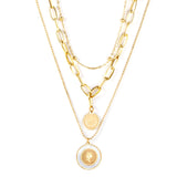 Steel beads + round fittings + round fittings with white shells pendant triple chain 53+45+37+5cm GOLDEN