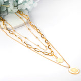 Steel beads + round fittings + round fittings with white shells pendant triple chain 53+45+37+5cm GOLDEN