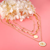 Steel beads + round fittings + round fittings with white shells pendant triple chain 53+45+37+5cm GOLDEN