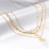 Steel beads + round fittings + round fittings with white shells pendant triple chain 53+45+37+5cm GOLDEN