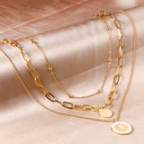 Steel beads + round fittings + round fittings with white shells pendant triple chain 53+45+37+5cm GOLDEN