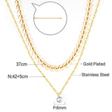 Leaf Accessory + Round Diamond Pendant Double Necklace 42+37+5cm Gold color