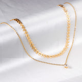 Leaf Accessory + Round Diamond Pendant Double Necklace 42+37+5cm Gold color