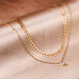 Leaf Accessory + Round Diamond Pendant Double Necklace 42+37+5cm Gold color