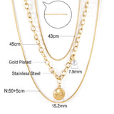 Double Matching Chain + Half Round with White Pearl Pendant Triple Necklace 50+45+43+5cm Golden