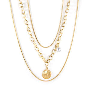 Double Matching Chain + Half Round with White Pearl Pendant Triple Necklace 50+45+43+5cm Golden