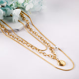 Double Matching Chain + Half Round with White Pearl Pendant Triple Necklace 50+45+43+5cm Golden