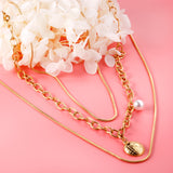 Double Matching Chain + Half Round with White Pearl Pendant Triple Necklace 50+45+43+5cm Golden