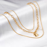 Double Matching Chain + Half Round with White Pearl Pendant Triple Necklace 50+45+43+5cm Golden