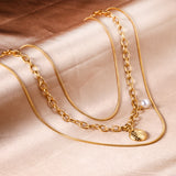 Double Matching Chain + Half Round with White Pearl Pendant Triple Necklace 50+45+43+5cm Golden