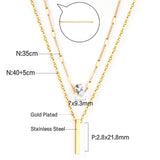 Heart Shaped Diamond + Rectangular Bar Pendant Double Chain 40+35+5cm Gold color