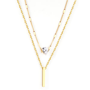 Heart Shaped Diamond + Rectangular Bar Pendant Double Chain 40+35+5cm Gold color