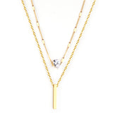 Heart Shaped Diamond + Rectangular Bar Pendant Double Chain 40+35+5cm Gold color