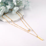 Heart Shaped Diamond + Rectangular Bar Pendant Double Chain 40+35+5cm Gold color