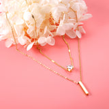 Heart Shaped Diamond + Rectangular Bar Pendant Double Chain 40+35+5cm Gold color