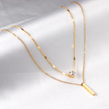 Heart Shaped Diamond + Rectangular Bar Pendant Double Chain 40+35+5cm Gold color