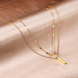 Heart Shaped Diamond + Rectangular Bar Pendant Double Chain 40+35+5cm Gold color