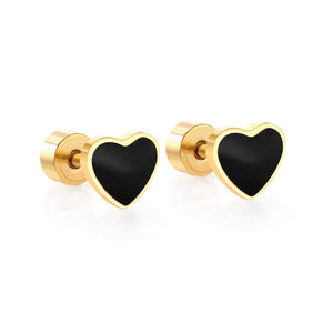 12 pairs 4mm round cake + 6mm drop black oil peach heart stud earrings steel color/gold color