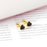 12 pairs 4mm round cake + 6mm drop black oil peach heart stud earrings steel color/gold color