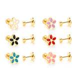 12 pairs 4mm round cake + 8mm cherry blossom mixed 6 colors studs steel / gold