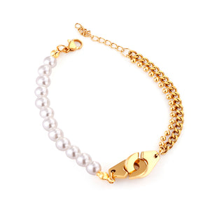 Handcuffs Accessories Bracelet with White Pearls 28cm Golden