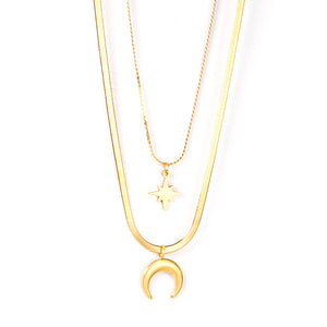 15.5x19mm Moon + 12x14mm Star Pendant Double Necklace 45+5cm