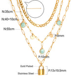 3 lake blue smiley + two round pieces + locking accessories triple chain with diamonds 55+40+35+10cm gold color