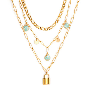 3 lake blue smiley + two round pieces + locking accessories triple chain with diamonds 55+40+35+10cm gold color