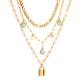 3 lake blue smiley + two round pieces + locking accessories triple chain with diamonds 55+40+35+10cm gold color