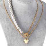 Pearl + Mickey pendant double necklace 47+38+5cm gold color